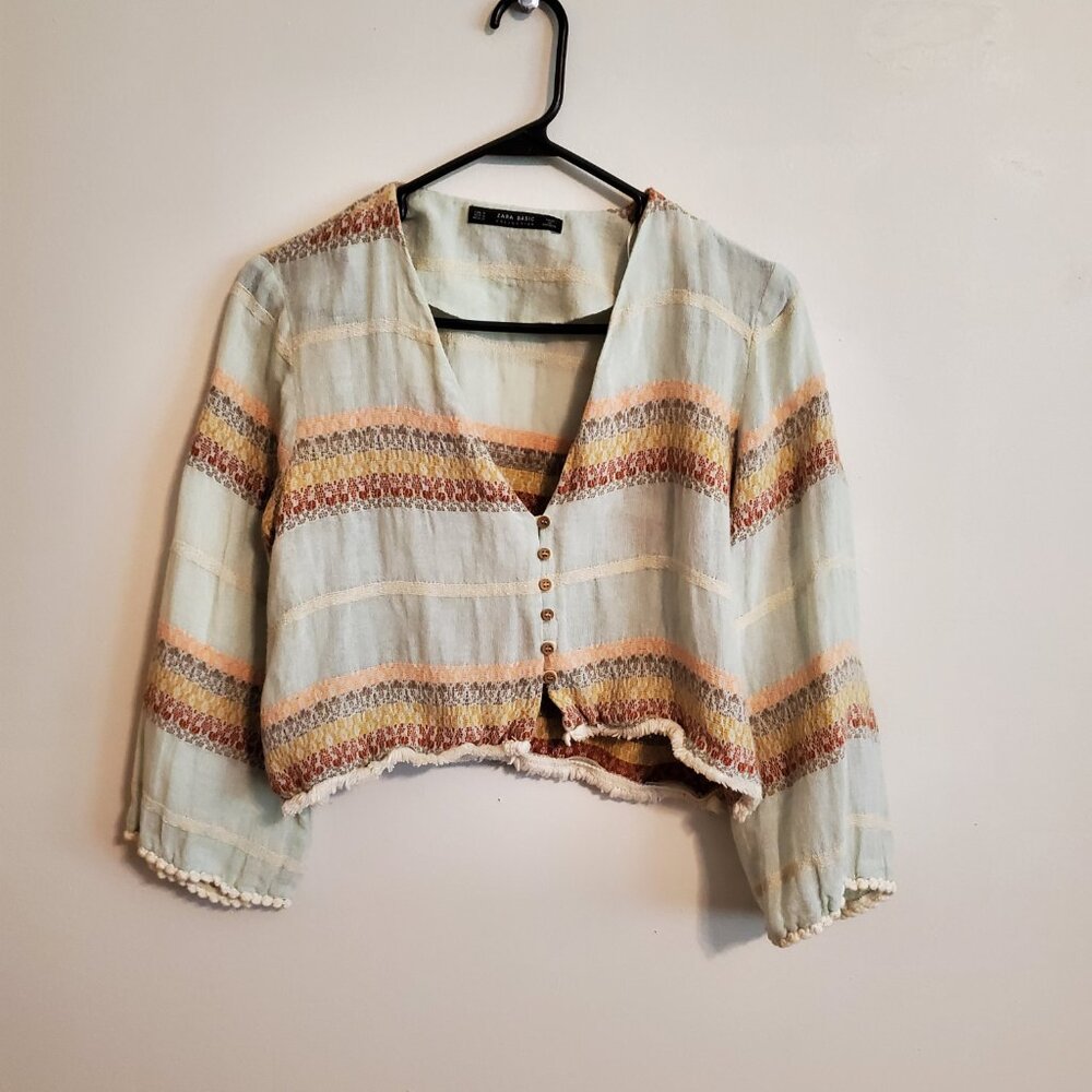 ZARA Cropped Linen Blend Cottage Core Farmhouse Cardigan Medium - Picture 2 of 16